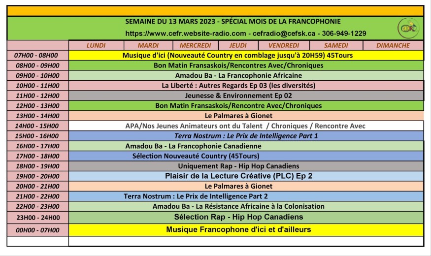 Grille-horaire de CÉFRadio pour la semaine du 13 mars