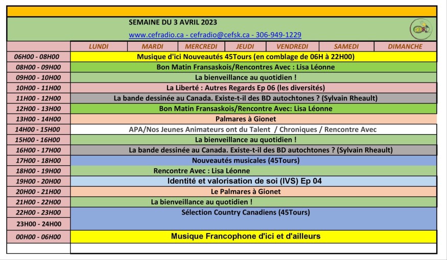 Grille horaire de CÉFRadio pour la semaine du 3 avril